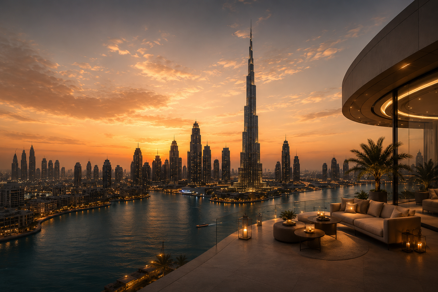 A waterfront terrace with views of Burj Khalifa