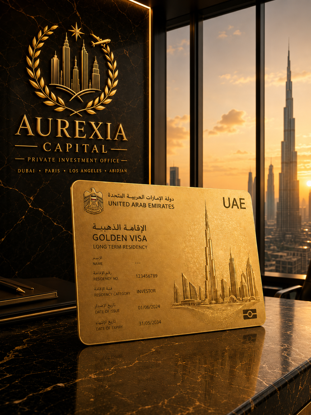 Aurexia Capital Golden Visa residency illustration with Dubai skyline