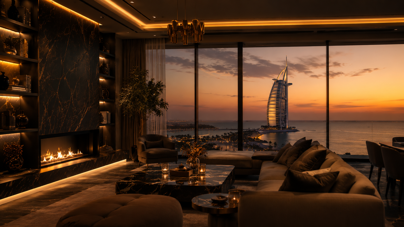 Luxury Dubai residence interior with Burj Al Arab view at sunset
