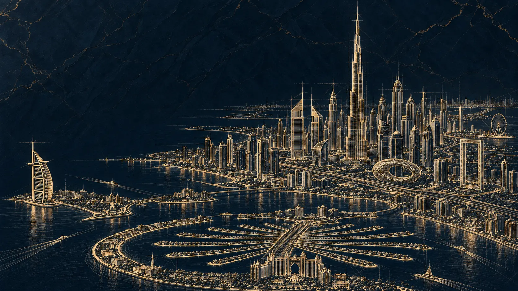 Gold Dubai skyline illustration on a deep navy background